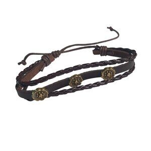 Brown Braided Leather Adjustable Bracelet Gold Flower Accents Rustic Jewelry